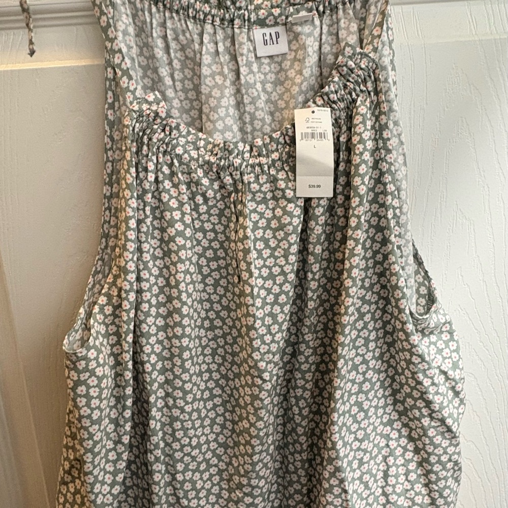 GAP Women's Floral Tie Strap Tank - Light Green/Gray and White